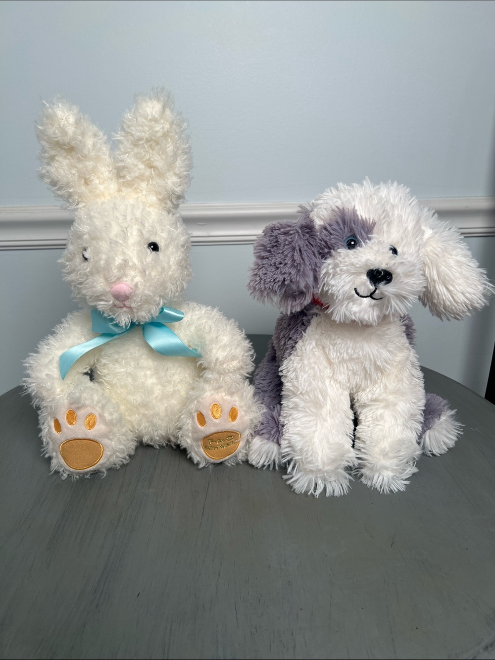 F.A.O Schwartz. Plush Bunny & Puppy Set - Cream Bunny with Bow, White Gray Puppy